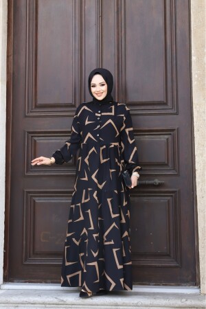 SOMMER-HIJAB-KLEID FÜR DAMEN MIT KNÖPFEN AUF DER VORDERSEITE UND GEMUSTERTEM, GEWEBTEM VISKOSE-SCHICKES KLEID - 4