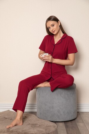 Sommer-Pyjama-Set aus burgunderfarbenem, vorne geknöpftem, kurzärmeligem, langem, gekämmtem Baumwollstoff für Damen - 1