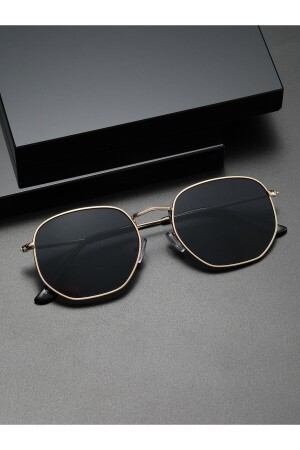 Sonnenbrille für Damen und Herren, UV400-Glas, CE-zertifiziert, Gold, Schwarz, Sechskant (schwarzer Griff) - 2