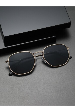 Sonnenbrillen für Damen und Herren, UV400-Glas, Ce-zertifiziert, Gold, Schwarz, Sechskant (schwarzer Griff). - 1