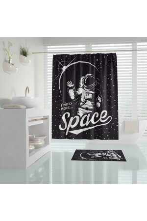 Space Gemusterter schwarzer Digitaldruck, kein Verblassen, wasserfester Badezimmervorhang aus Polyestergewebe, Chalka Hdiye Space, 180 x 200 cm - 1