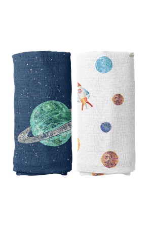 Space Planet Pamuk Müslin Örtü Seti (90X90 CM 2'Lİ) BABYMUSLIN1010 - 2