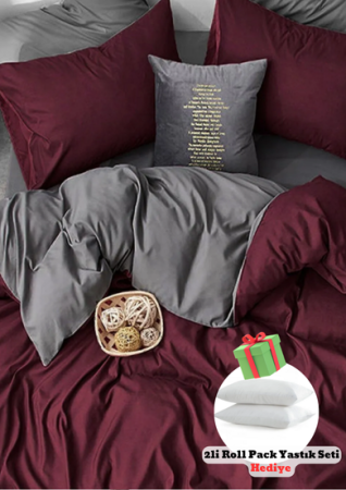 Spannbettlaken-Bettbezug-Set für Doppelbett, Burgunderrot-Grau FLR5657 - İQON