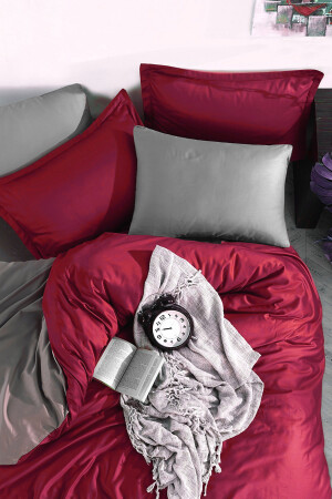 Spannbettlaken-Bettbezug-Set für Einzelbett, Rot-Grau, CLB0055 - 4