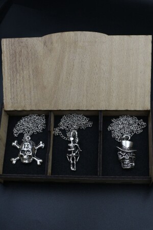 Spezielle Holzkiste, 3-teiliger Knochenschädel, umarmendes Skelettpaar und Totenkopf-Zigarren-Halsketten-Set 3K-02 - 2