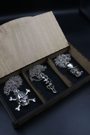Spezielle Holzkiste, 3-teiliger Knochenschädel, umarmendes Skelettpaar und Totenkopf-Zigarren-Halsketten-Set 3K-02 - 1