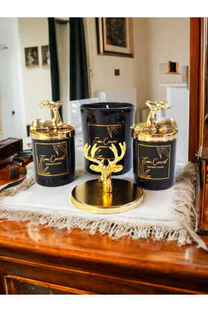 Spezielles Design, dekoratives 3-teiliges schwarzes Tassenkerzen-Set mit Gold-Hirsch-Vanille-Duft, 202019 - 2