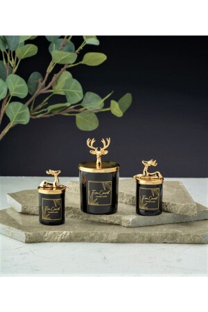 Spezielles Design, dekoratives 3-teiliges schwarzes Tassenkerzen-Set mit Gold-Hirsch-Vanille-Duft, 202019 - 9