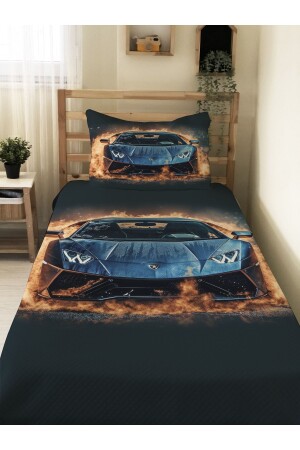 Spor Araba Desenli Genç Ve Çocuk Baskılı Tek Kişilik Pike Takımı 160x230 Renkli - Evmila
