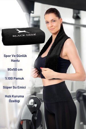 Spor Fitness Havlusu Kondisyon Havlusu %100 Pamuk 90x50 Cm Siyah - 3