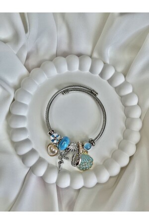 Stahlarmband mit Muschel-Charm, Oyster-Charm, blaues Armband - 2