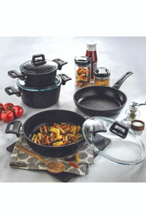 Steingranit-Kochgeschirr-Set, 7-teilig, Schwarz, 1S6004-22005-SIY03 - 1