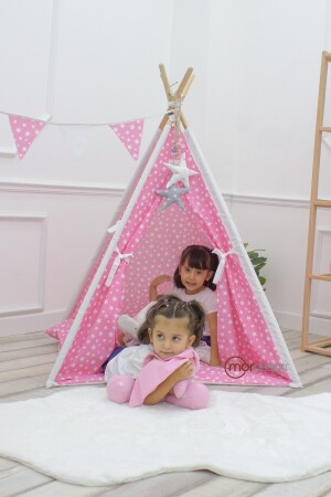 Sternenmuster, natürliches Hausgarten-Kinderspielzelt mit Holzstangen und Fenstern, rosa CR37852 - 2