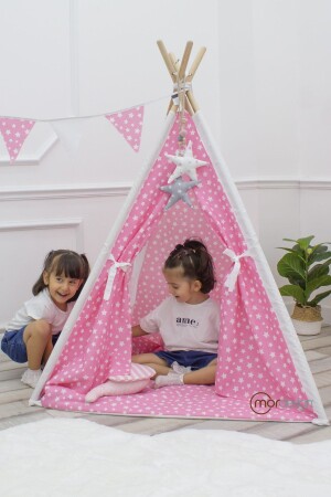 Sternenmuster, natürliches Hausgarten-Kinderspielzelt mit Holzstangen und Fenstern, rosa CR37852 - 1
