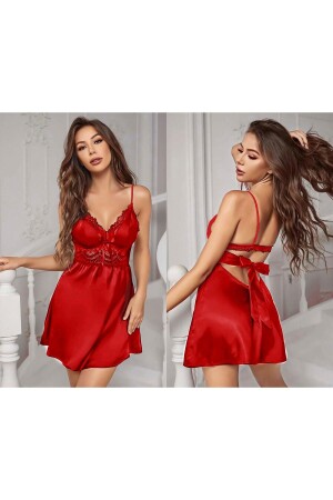 Stilvolles, sexy, gebundenes Satin-Nachthemd für Damen in Rot - 1