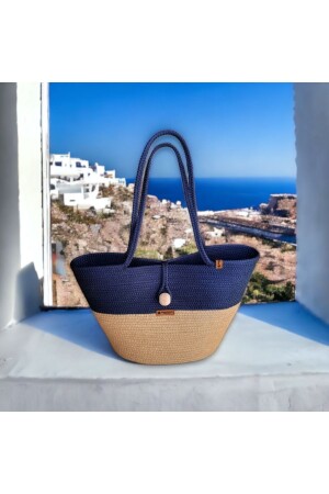 Strandtasche aus Stroh, handgefertigte Tasche, Marineblau - 1