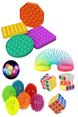 Stres Giderici Set 1 Popit 1 Zeka Küpü 1 Stres Yayı 1 Işıklı Dikenli Stres Topu - 1