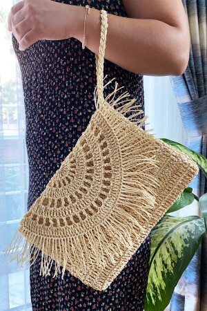 Strohtasche, Raffia-Strickmappe und Clutch-Tasche mit Kleiderbügel, Beige, Art164 - 8