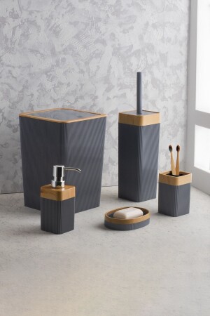 Style 5-teiliges, quadratisches Badezimmer-Set mit Holzmuster und Streifen – Anthrazit 2023ST06055 - 1