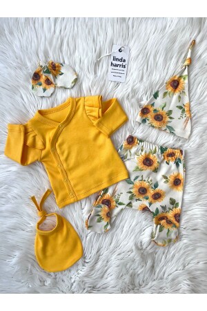 Sunflower Pattern Sarı 5'li Yenidoğan Kız Bebek Hastane Çıkışı Seti LH-126 - 1