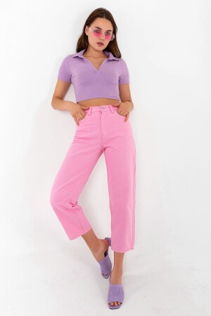 Süper Yüksek Bel Pembe Crop Straight Fit Jean Pantolon - 1