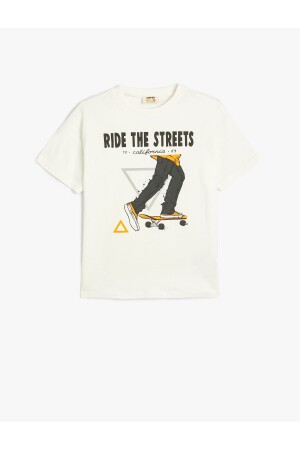 T-Shirt mit kurzen Ärmeln, Skateboard-Aufdruck, Rundhalsausschnitt aus Baumwolle - 1