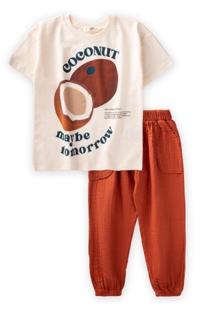 T-Shirt-Set mit Bio-Hose und Kokosnuss-Aufdruck, 3–10 Jahre, Ecru - 1