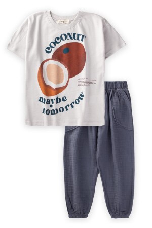 T-Shirt-Set mit Bio-Hosen und Kokosnuss-Aufdruck, 3–10 Jahre alt, Stone - 1