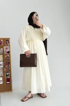 Talia Astarlı Pamuk Vual Elbise Krem - Nuuwears