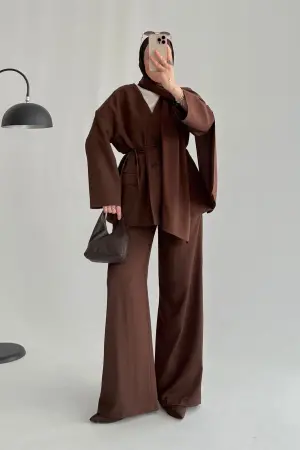 Talia Şal Detaylı Ceket Takım Kahve - Nuuwears