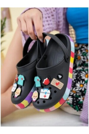 Tam Ortopedik Siyah Unisex Süslemeli Renkli Kadın & Erkek Crocs Hemşire Terliği Kroks Terlik crosslove - 3