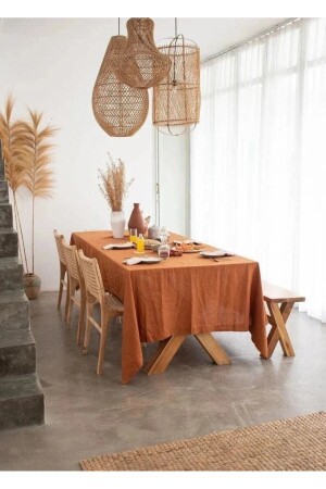 Tarçın Rengi Organik Ham Keten Masa Örtüsü - Home Art Atelier Hand Made