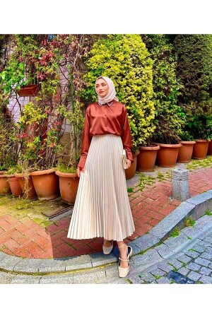 Taş Ince Piliseli Deri Görünümlü Tesettür Etek - Allmira Fashion