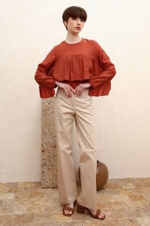 Taş Pamuklu Ütü Izli Paçası Yırtmaçlı Likralı Bol Paça Pantolon - Allday