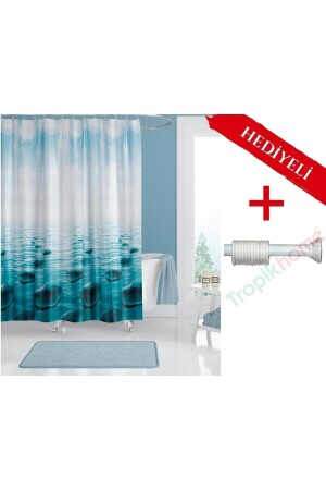 Taşlı Banyo Perdesi Askı Hediyeli 180x200cm Tek Kanat Duş Perdesi- Renkli Banyo Duş Perdesi - 1