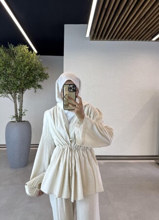 Taşlı İnce Keten Takım - Ekru - Duendeca