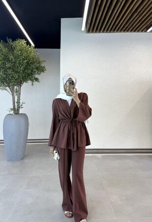 Taşlı İnce Keten Takım - Kiremit - Duendeca