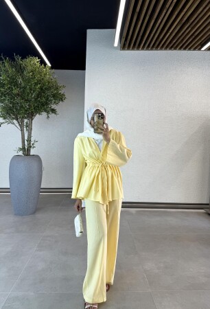 Taşlı İnce Keten Takım - Sarı - Duendeca