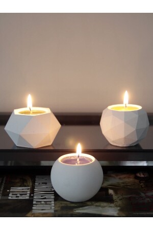 Tealight Beton Mumluk 3 Lü Set- Dekoratif Hediyelik Ham Beyaz - 4