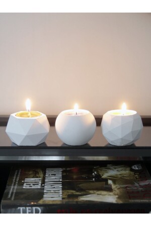 Tealight Beton Mumluk 3 Lü Set- Dekoratif Hediyelik Ham Beyaz - 6