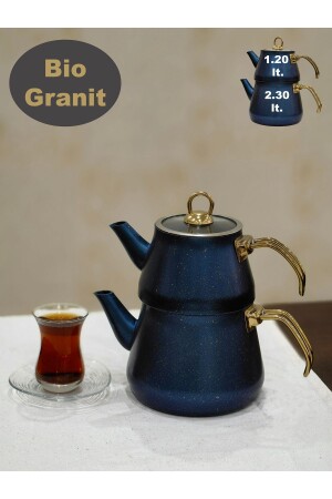 Teekanne mit granitbeschichtetem Goldgriff und Glasdeckel, blau - 1