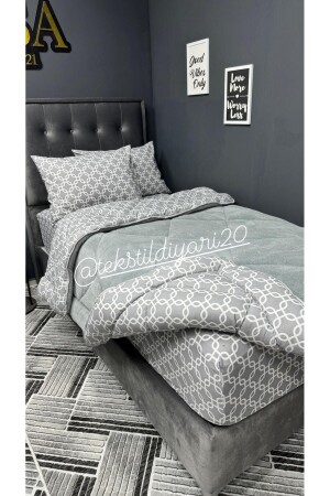 Tek Kişilik Welsoft Pufidik Uyku Seti (Lastikli Çarşaflı) Gri Zincir - Violacasa