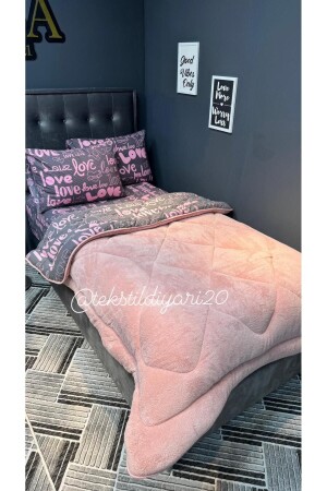Tek Kişilik Welsoft Pufidik Uyku Seti (Lastikli Çarşaflı) Pudra Love - Violacasa