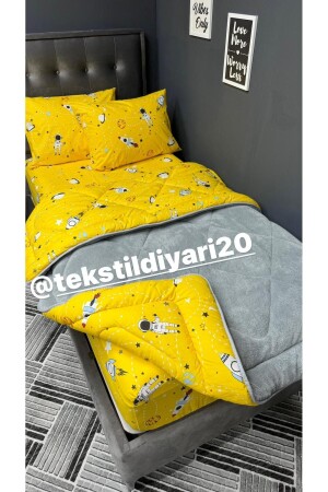 Tek Kişilik Welsoft Pufidik Uyku Seti (Lastikli Çarşaflı) Uzay Sarı - Violacasa
