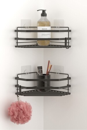 MNZ-Teknotel 2 قطع غرف الحمام زاوية رف مع مضادات اللصق مات أسود St277h ST277 - Tekno-tel