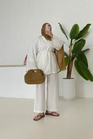 Tensel Kruvaze Kapama Kimono Takım Beyaz - Nuuwears