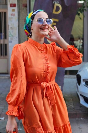 Terikoton Hijab-Kleid mit Rüschen an den Ärmeln und vorne – Orange 89020231019 - 1