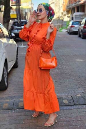 Terikoton Hijab-Kleid mit Rüschen an den Ärmeln und vorne – Orange 89020231019 - 2