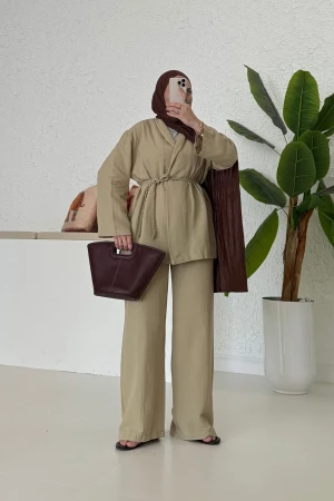 ملابس من الأقمشة مع حزام الخيط، خاكي - Nuuwears