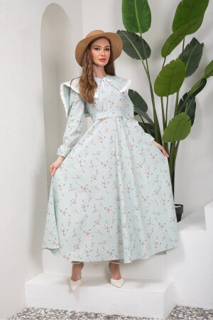 Tesettür Bahar Dalı Su Yeşili Seyyar Yakalı Kloş Elbise KCGM11297 - KÜÇÜĞÜM BUTİK